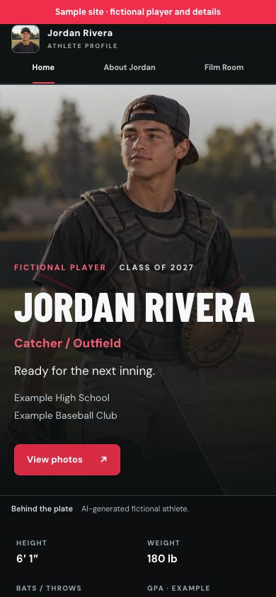 Actual On Deck example site showing Jordan Rivera, a fictional Class of 2027 catcher