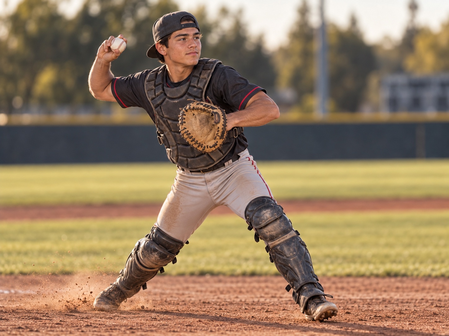 Fictional catcher practicing a throw on a baseball field