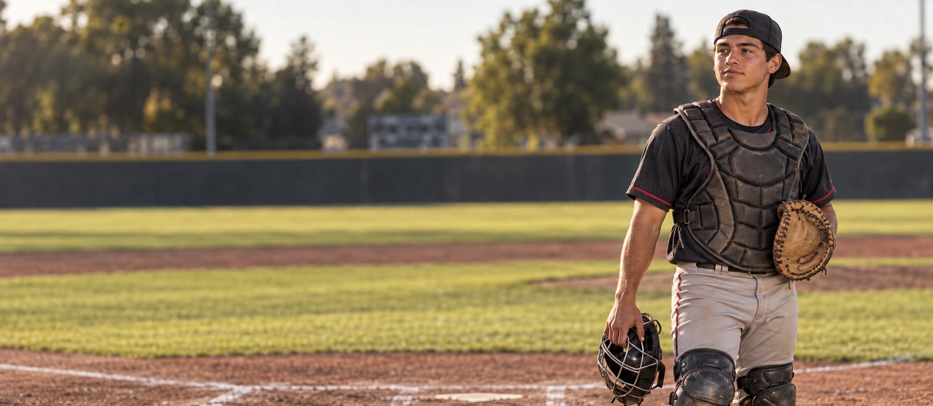 Fictional high-school catcher standing on a baseball field